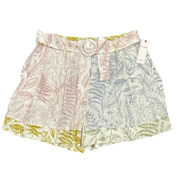 NWT Aura Red Dress Floral Euro Summer Linen Blend High Waisted Belted Shorts - Picture 3 of 9